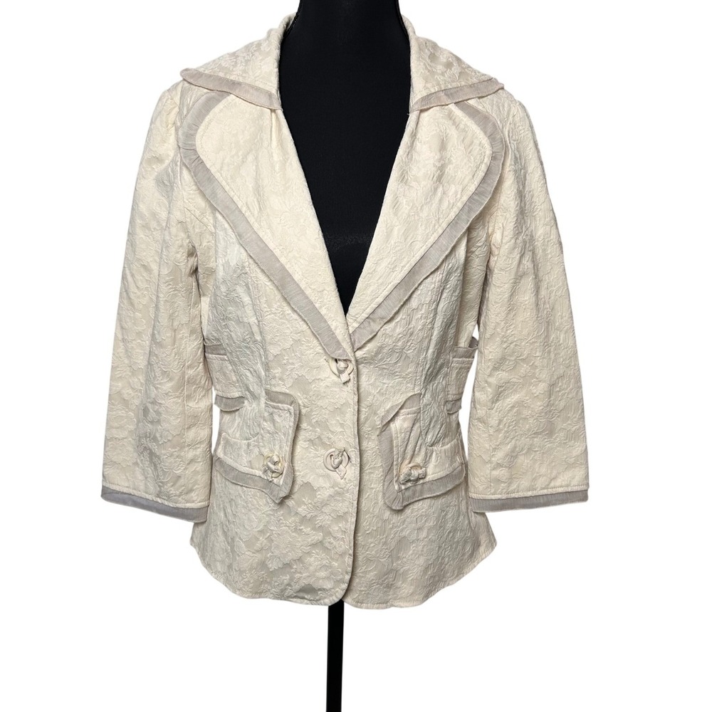 Cover Charge Cream Floral Brocade‎ Ruffled Lace Blazer Jacket S Cream Coquette